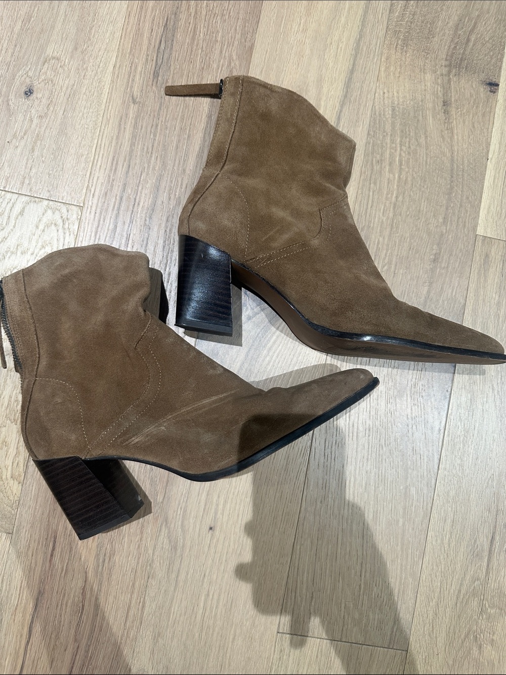 Women's Brown Suede Pointed-Toe Block Heel Ankle Boots